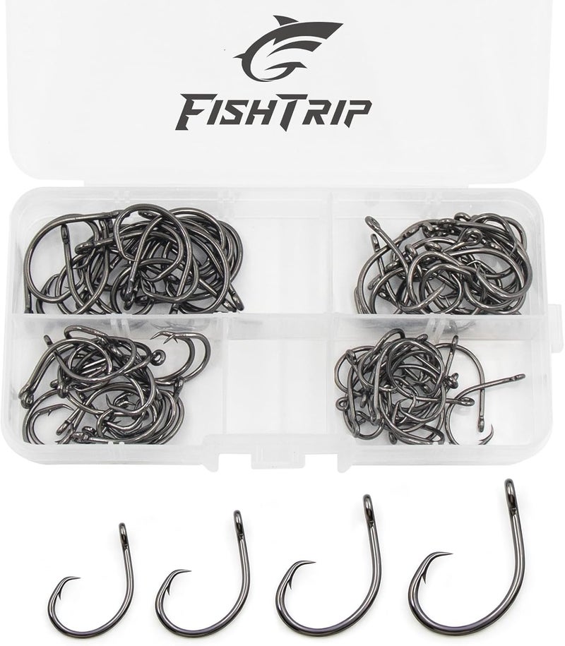 FishTrip Circle Hooks Saltwater,in-Line Fishing Hooks 5X Strong for Catfish 25pcs,Black/High Carbon Steel/Non-Offset/Closed Eye/Wide Gap for Striped Bass Salmon - Image 1